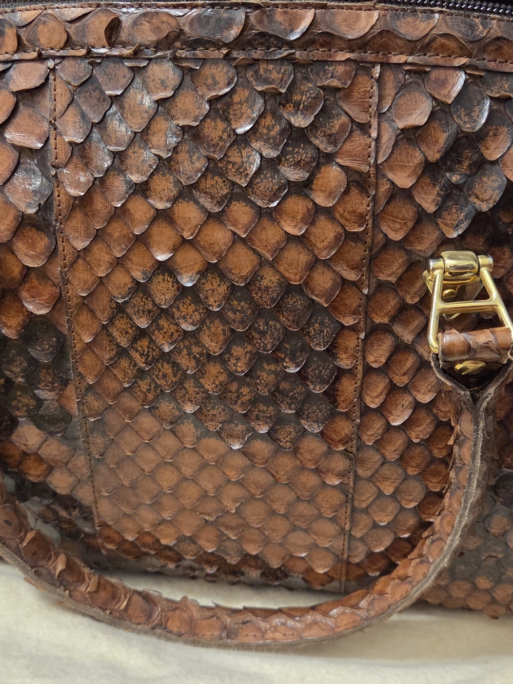 Brown Python-Texture Leather Tote Bag - Picture 6 of 7